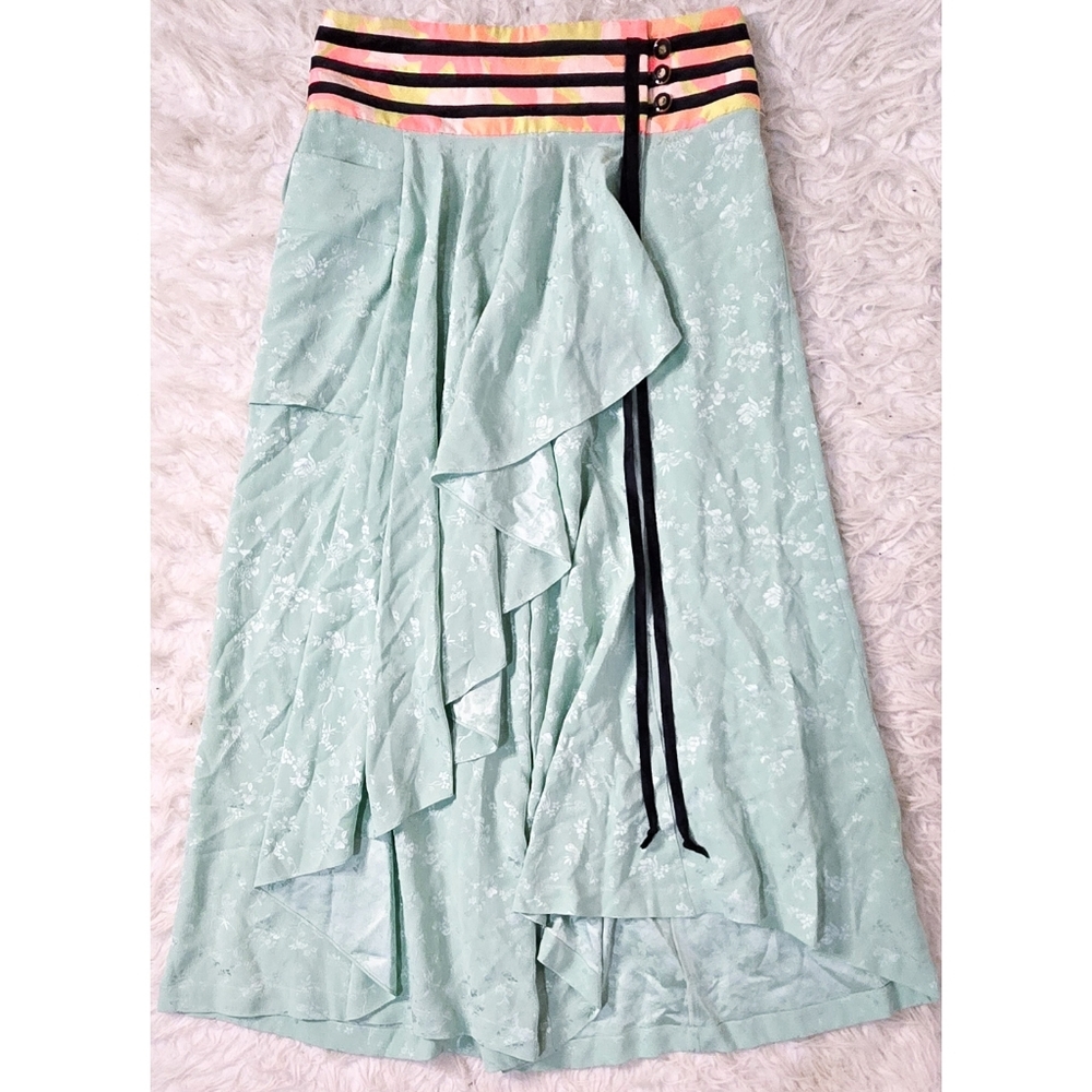 Vintage Floral Satin Wide Leg Pants Green Flowy Ruffle Pink Stripe